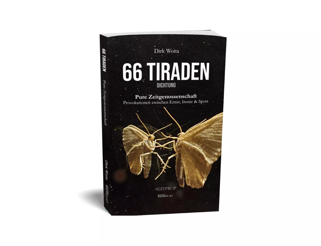 66 Tiraden – Gedichtband von Dirk Woita, Cover mit zwei Nachtfaltern auf schwarzem Grund