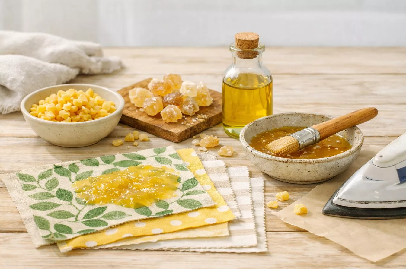 Bienenwachstücher aus Stoff, Bienenwachs, Kolophonium, Schüssel mit Pinsel, Bügeleisen