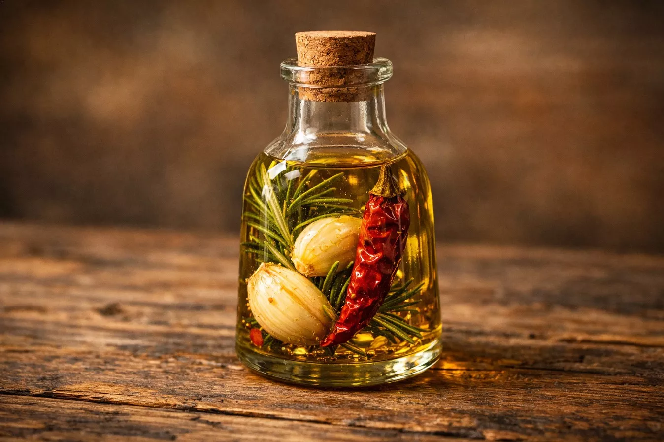 Rosmarin, Knoblauch und Chili mit Olivenöl in einer Glasflasche
