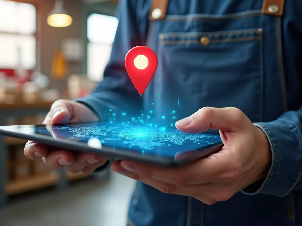 Eine Nahaufnahme der rauen Hände eines Handwerkers, die ein modernes Tablet hält. Auf dem Tablet-Display ist eine digitale Karte mit einem leuchtenden roten Standort-Pin darüber zu sehen. Über dem Tablet schwebt ein subtiler, futuristischer blauer Hologramm-Effekt, der ein KI-Netzwerk oder Datenknoten symbolisiert. Im unscharfen Hintergrund ist eine helle, freundliche Werkstatt oder ein lokales Geschäft zu erkennen. Helles Tageslicht, professioneller Fotostil, hohe Detailtreue, Symbol für GEO-Marketing und lokale Sichtbarkeit.